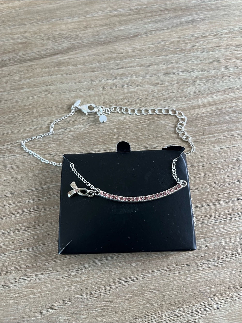 Avon Silver-Tone Pink Crystal Ribbon Bar Necklace